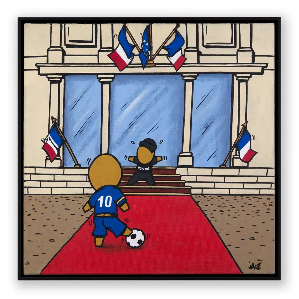 L’œuvre « Football » de l'artiste Jace mettant en scène son fameux Gouzou , exposée à la Galerie Mathgoth.
