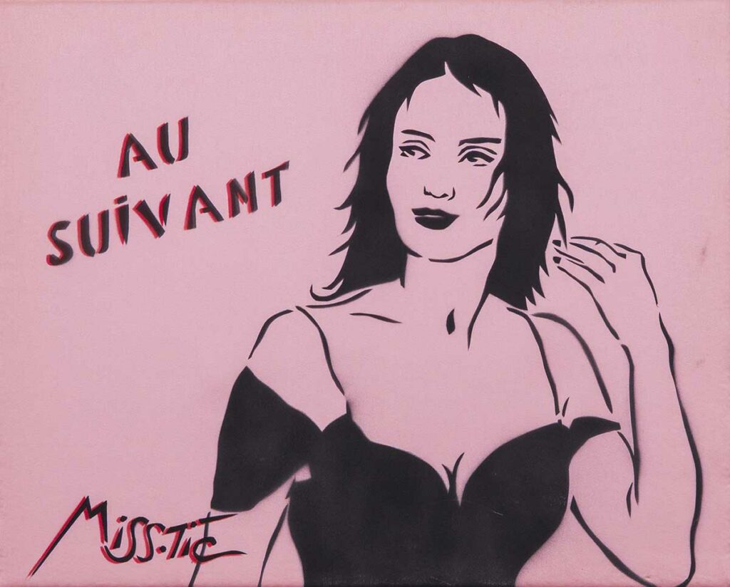 Au Suivant, Peinture sur satin de soie rose de l'artiste Miss.Tic